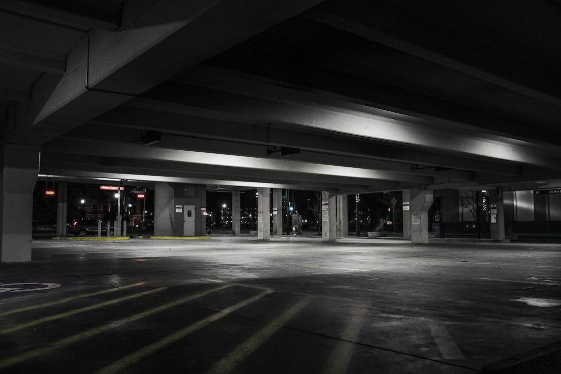An empty parking lot at night 