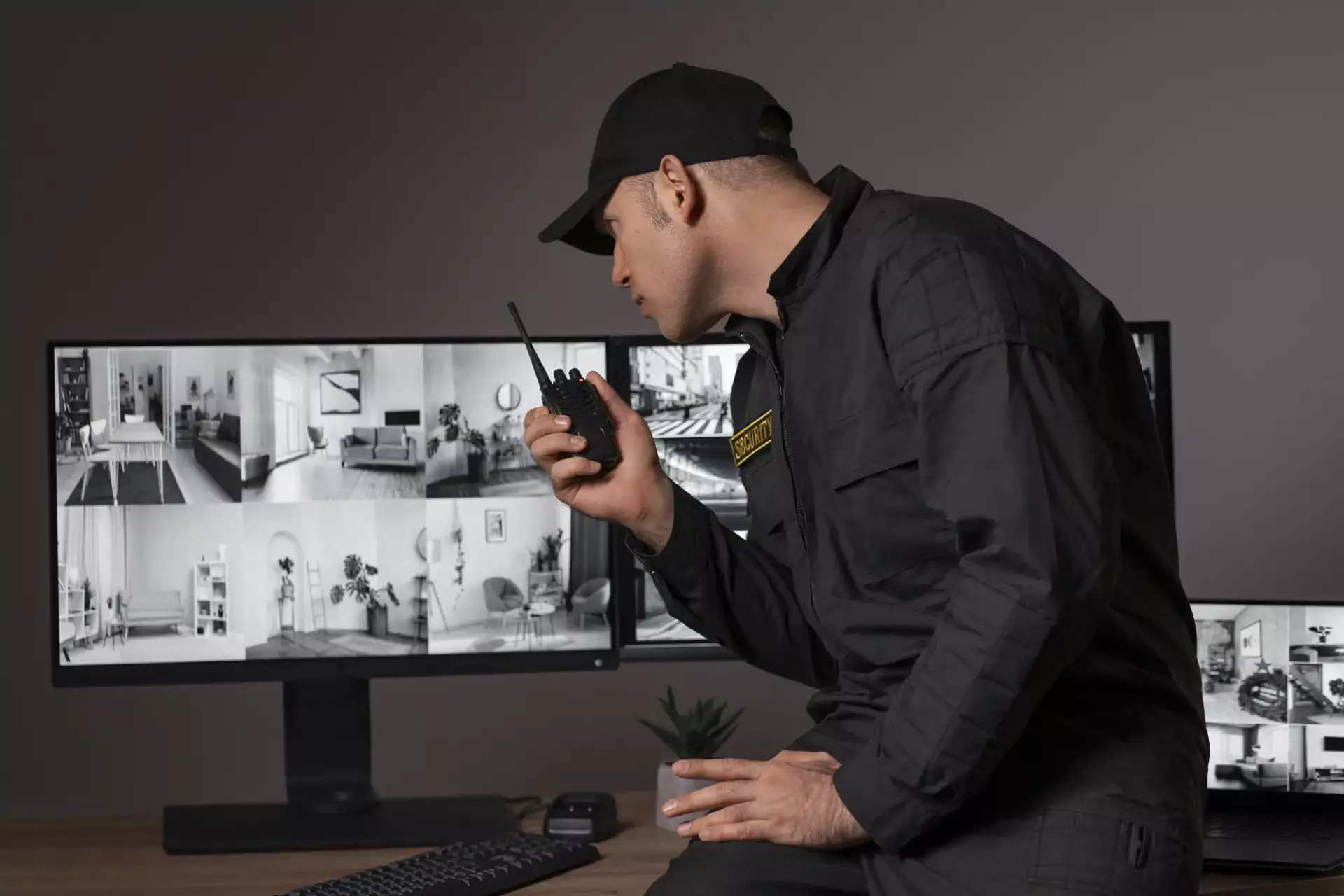 a security guard is watching cctv screen