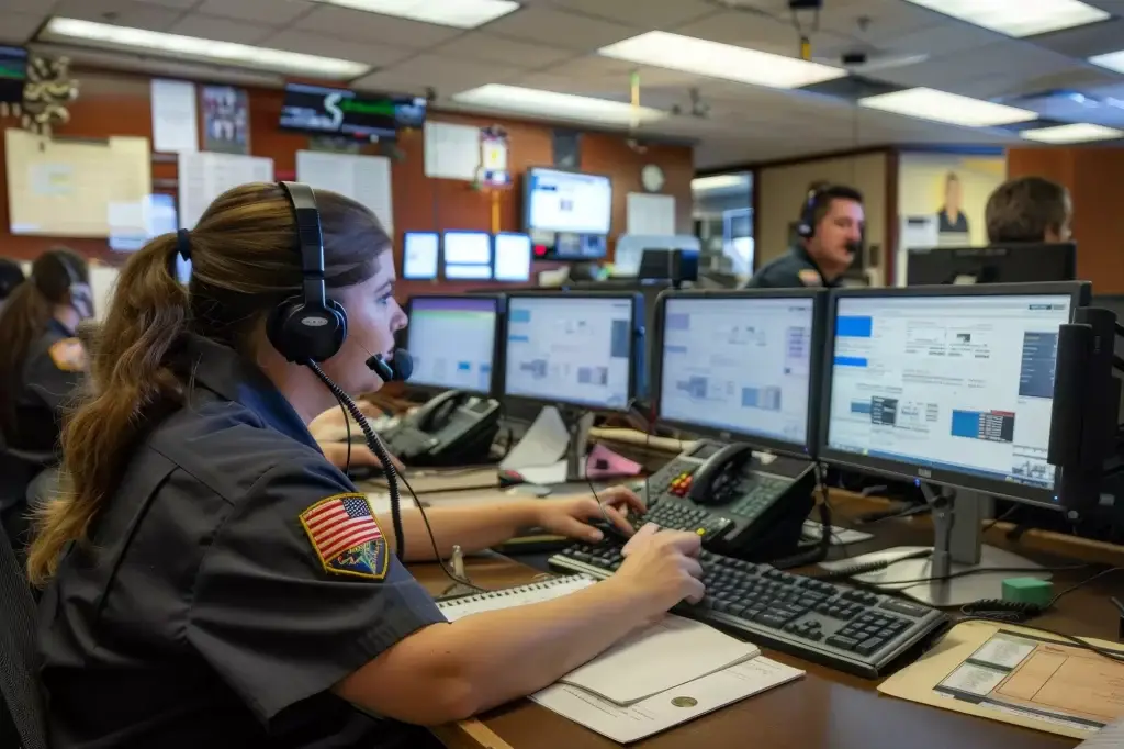 a female security guard in front of screen