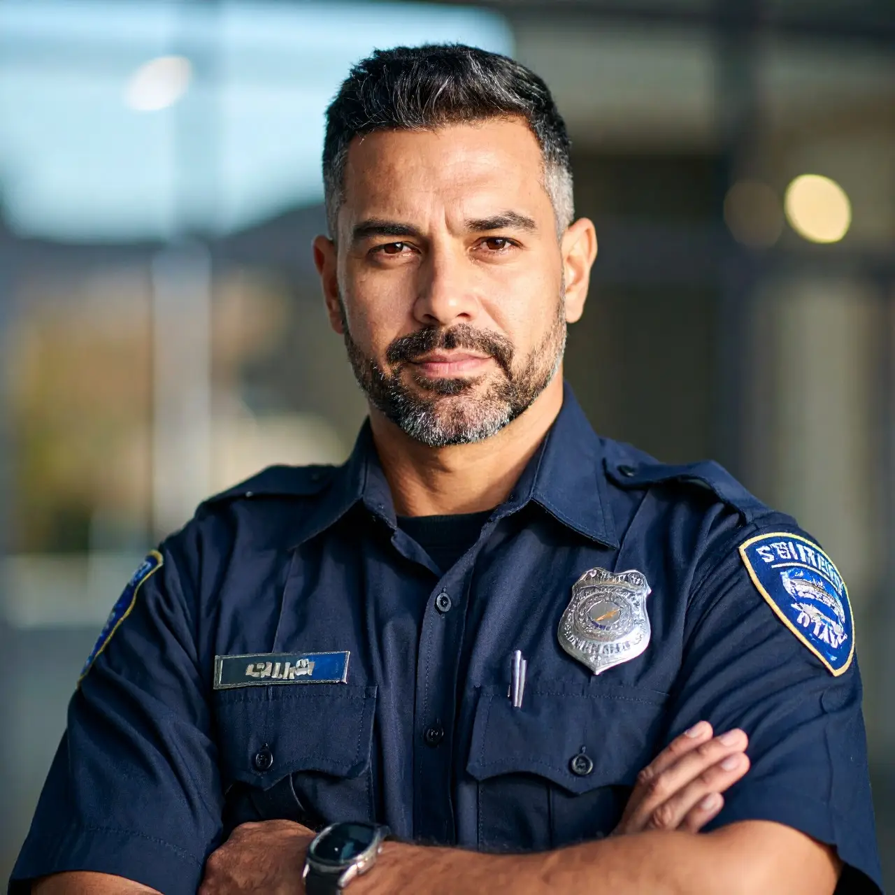 Security officer monitoring surveillance screens