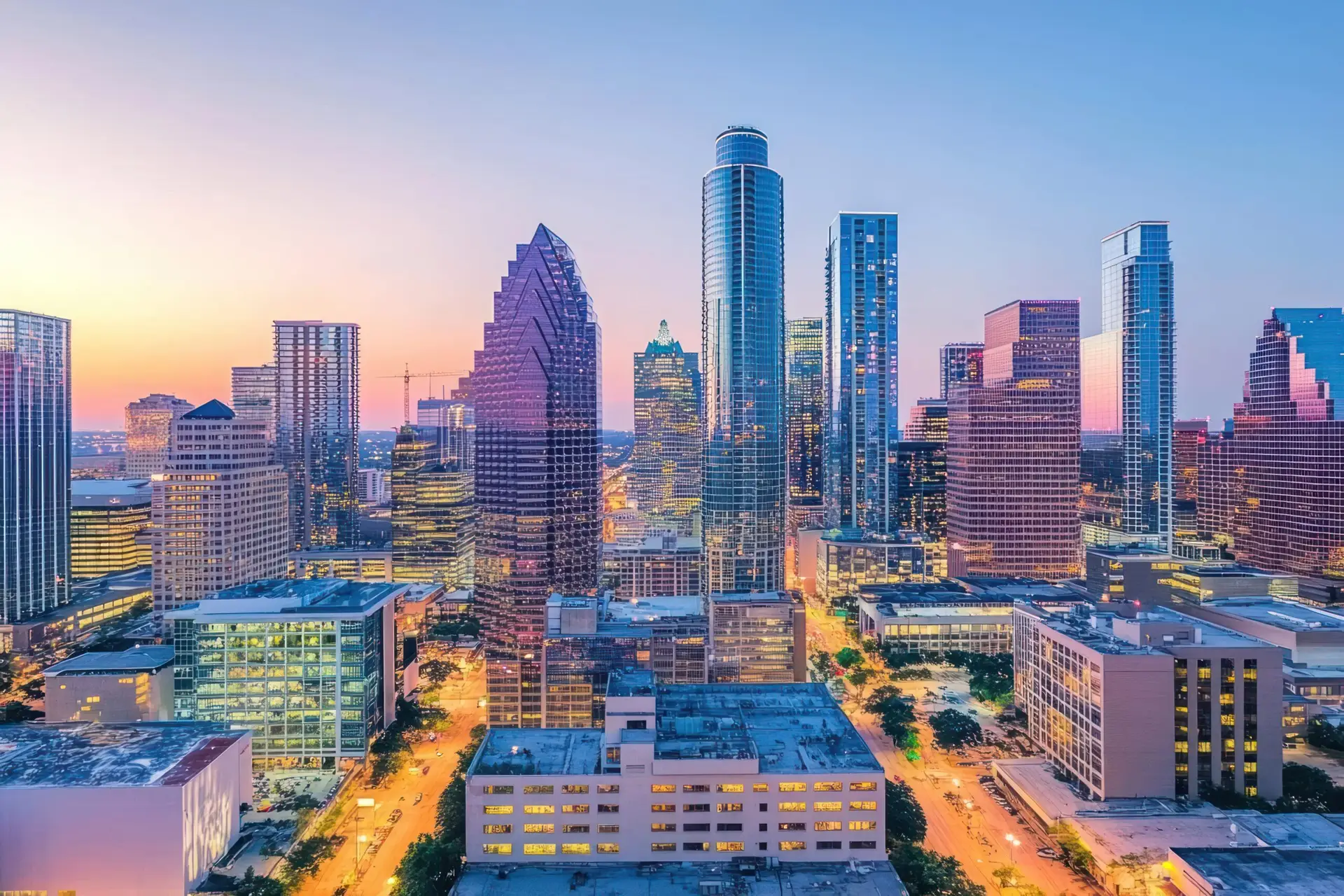 Vibrant city skyline at sunset.