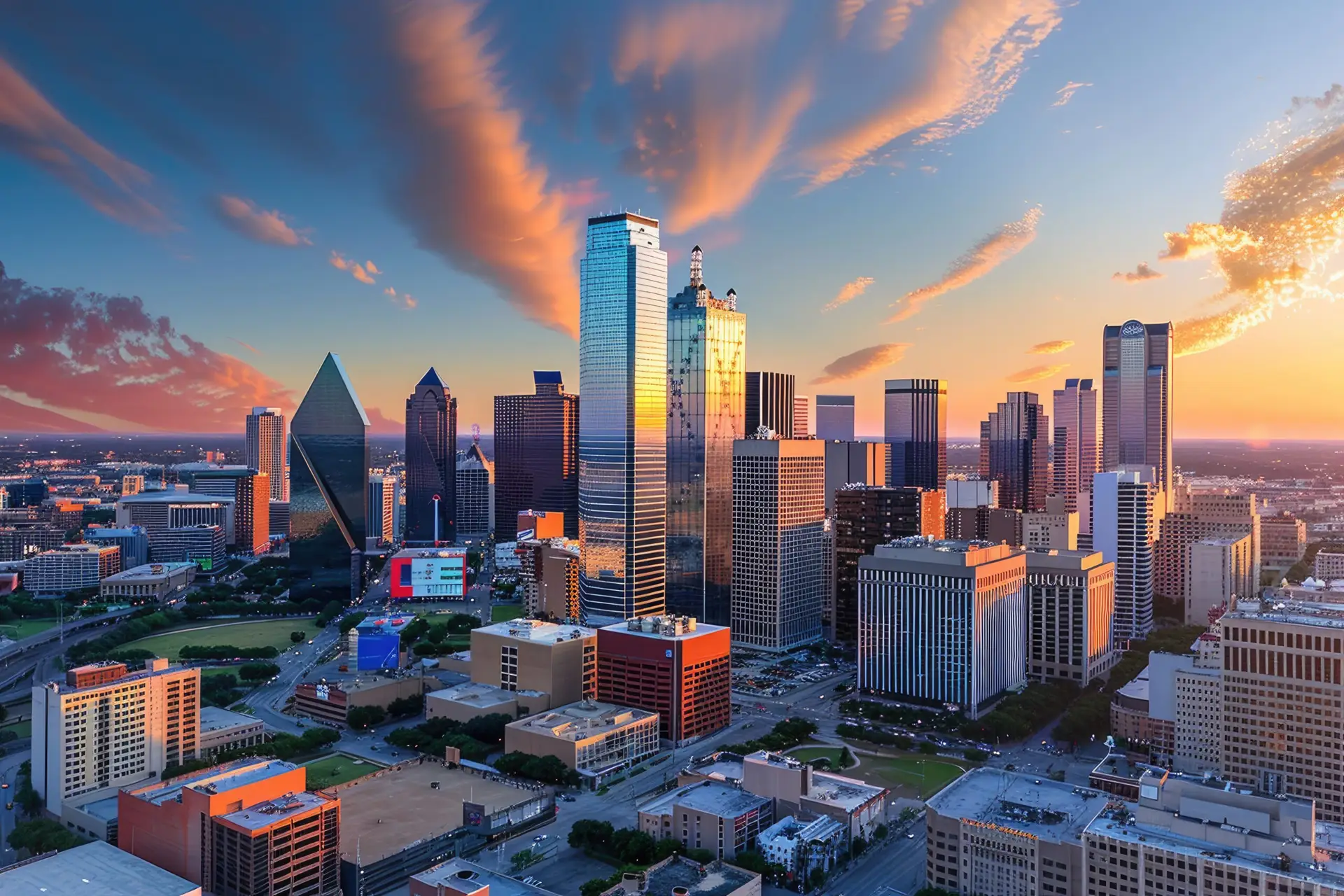 Dallas, Texas cityscape with blue sky at sunset