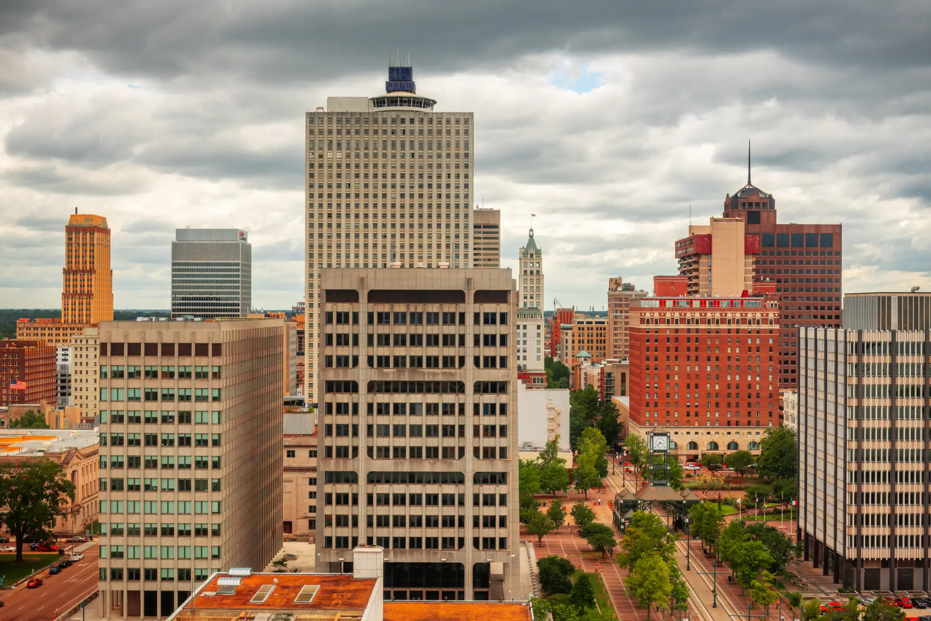 Urban skyline under cloudy sky