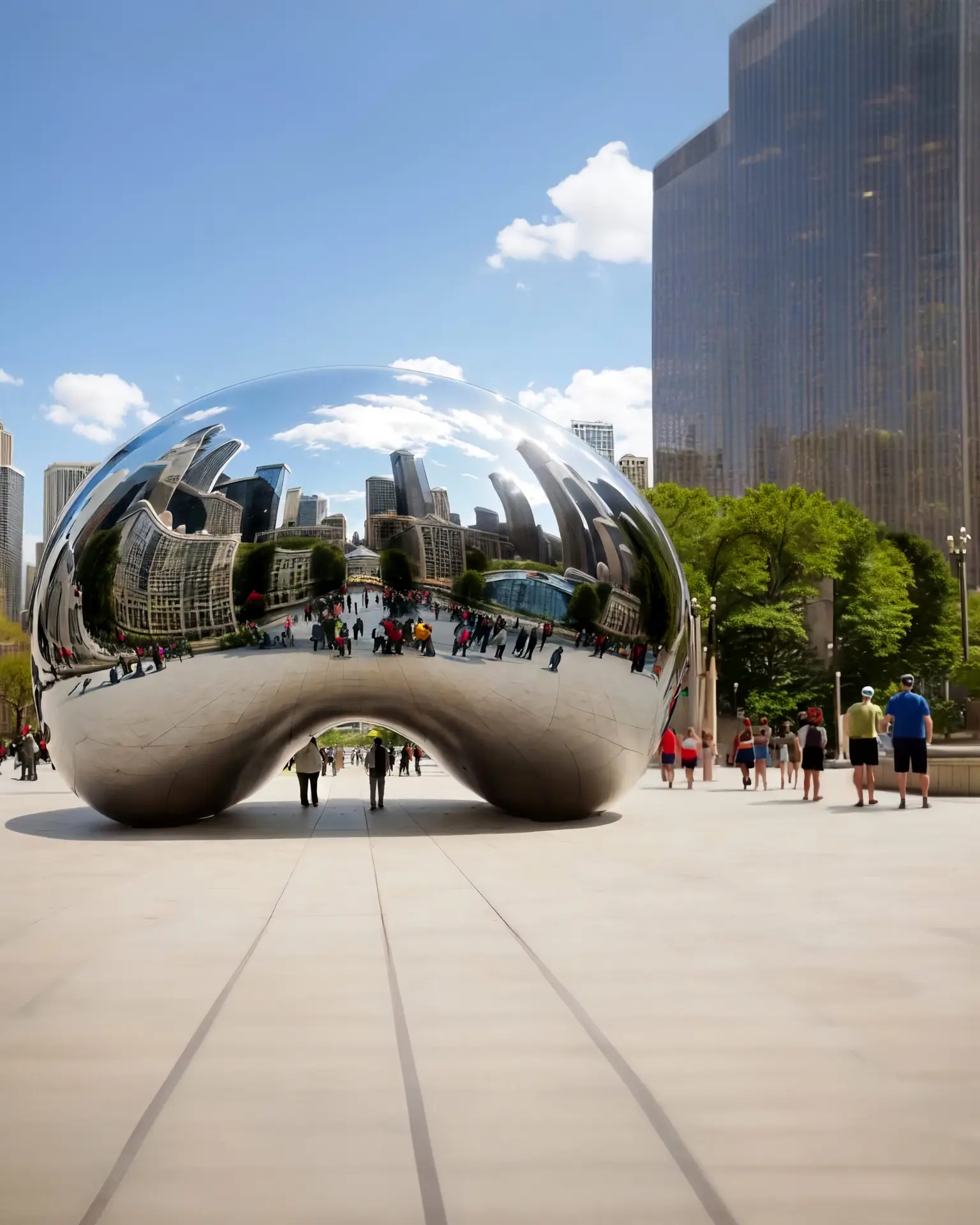Reflective sculpture in urban park.