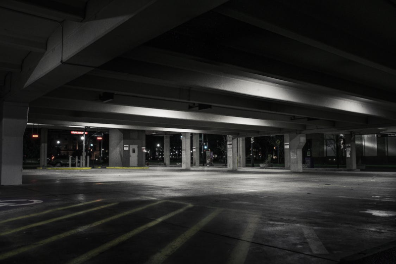 An empty parking lot at night